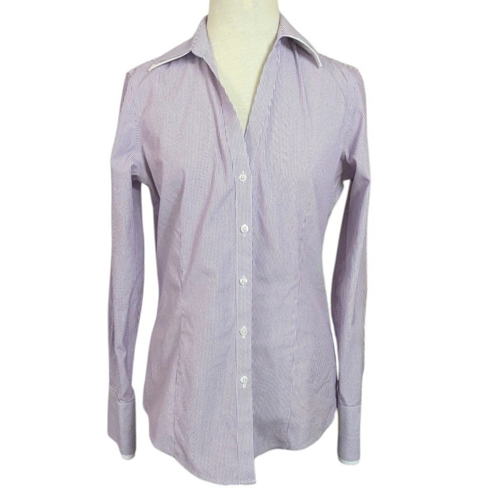 Brooks Brothers Womens Purple Striped Button Down Shirt Contrast Collar Size 4
